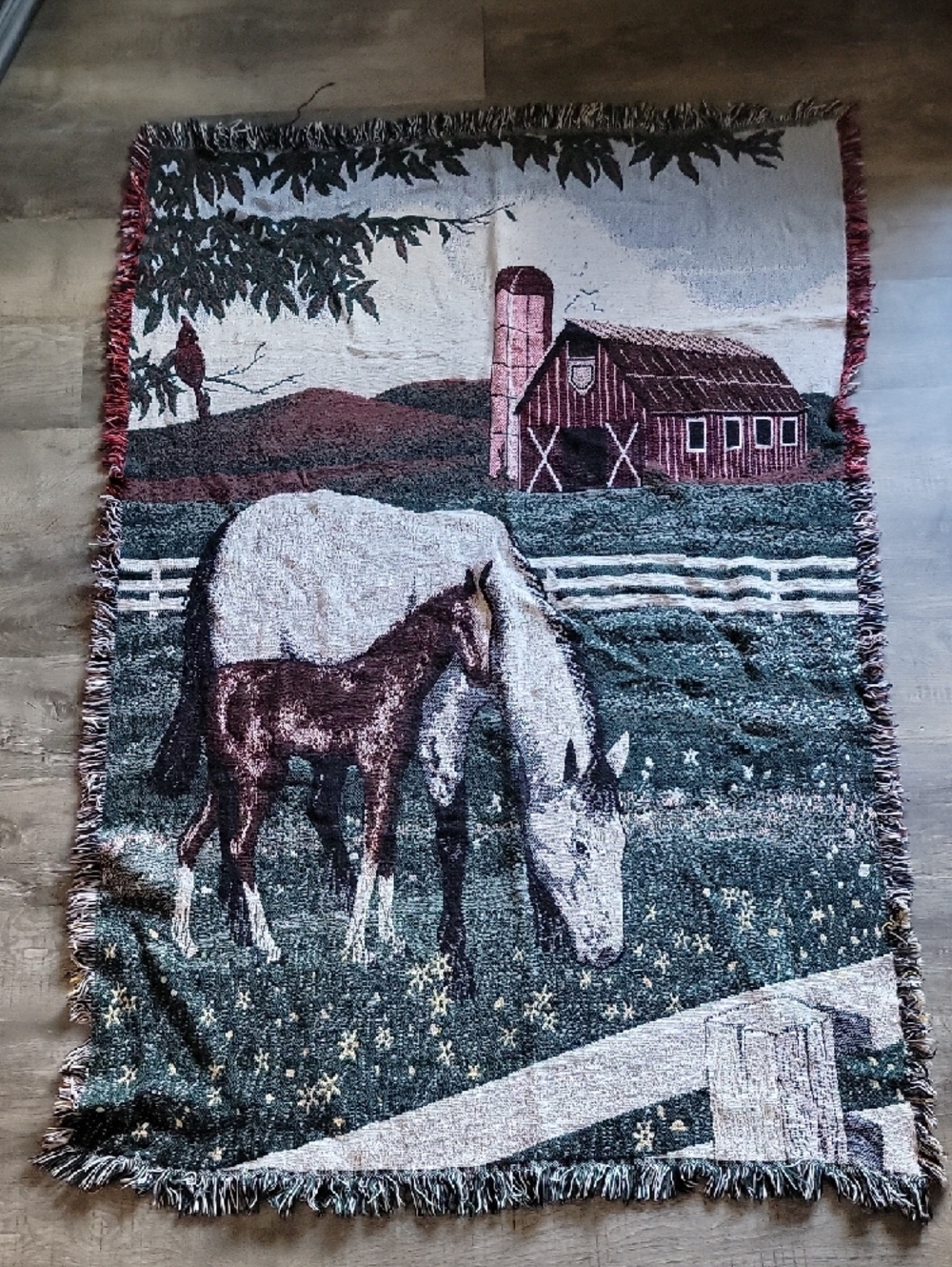 Vintage 90s Horse & Foal Farm Tapestry Throw - Green, Brown, White
